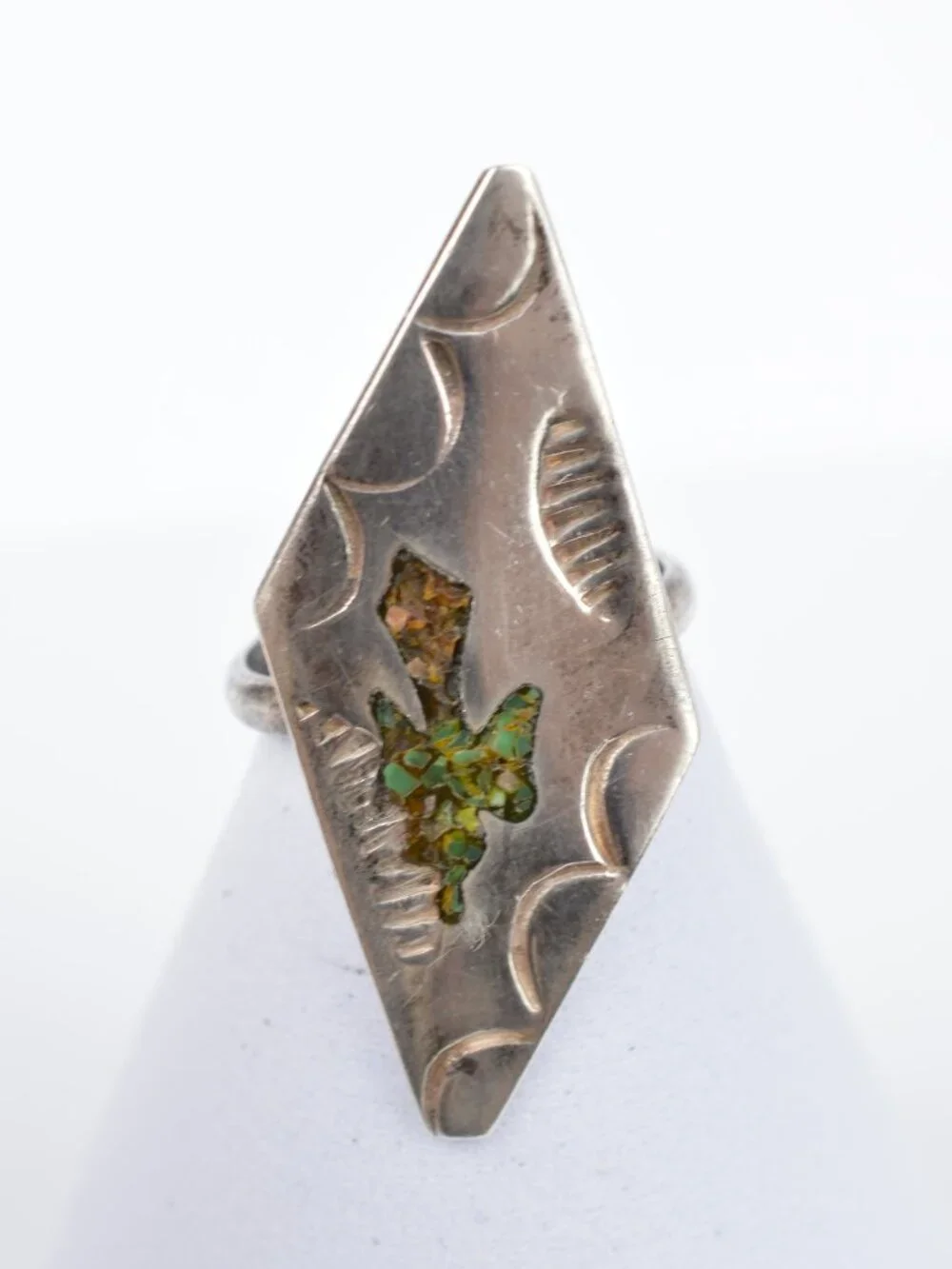 Vintage Navajo Sterling Silver Peyote Bird Waterbird Chip Inlay Ring Size 3.5